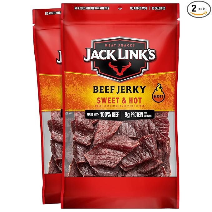 Jack Link's Beef Jerky Sweet &amp Hot Large Jerky Bags - Flavorful Meat Snacks Ready to Eat Protein Snacks 9g of Protein per Serving Made with 100% Beef - 9 Oz. (Pack of 2)