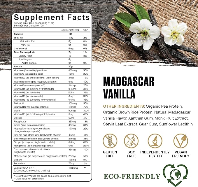 Ambrosia Planta - Plant-Based Protein Powder 20g | Dairy Free Vegan Protein Powder with BCAA Amino Acids | Keto-Friendly No Added Sugar | 25 Servings | Vanilla