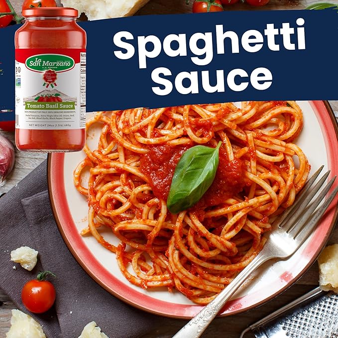 La San Marzano Tomato Basil Sauce 24 oz Pasta Sauce Made in Italy All Purpose Tomato Premium Quality All Natural Mediterranean Diet Non GMO Vegan Gluten Free