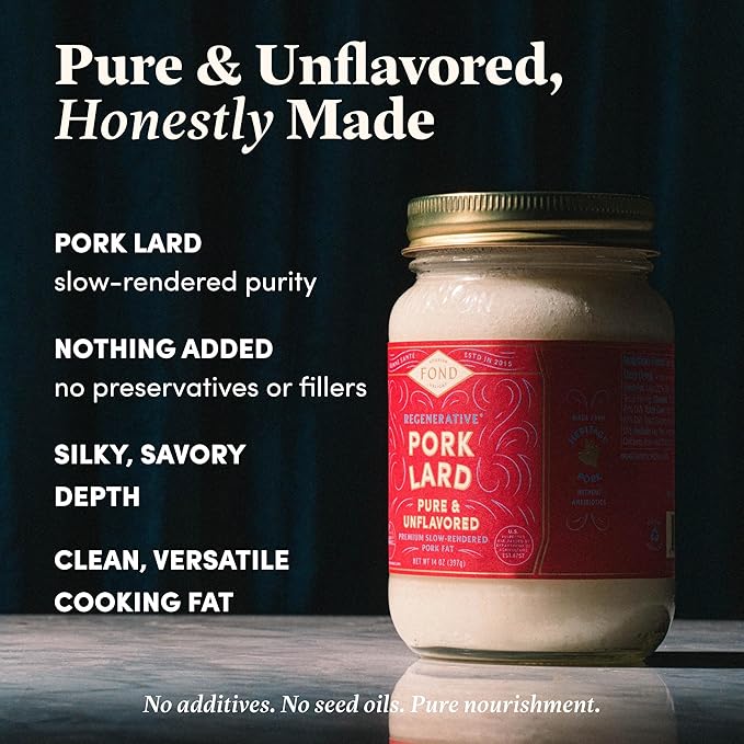 FOND Regenerative 100% Pork Lard for Cooking and Baking – 14oz Pure &amp Unflavored Rendered Lard Shelf‑Stable Pasture-Raised Pork Fat for Cooking Sautéing Roasting High Smoke Point Seed Oil‑Fre