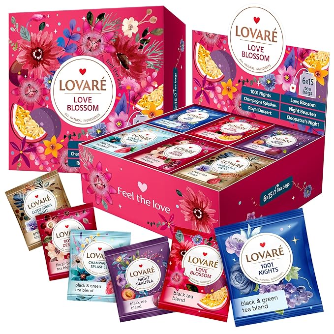 Tea Set By Lovare Made in Ukraine - Assorted Flavors: Love Blossom Night Beautea Cleopatra’s Night Royal Dessert 1001 Nights Sparkling Splashes - Fancy Variety of Packets - Gift Box For Flavored