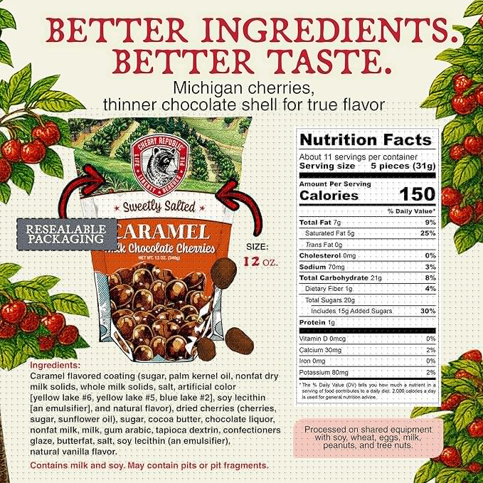 Cherry Republic Caramel Milk Chocolate Cherries 12 oz - Sweetly Salted Caramel Candy Made with Real Michigan Dried Cherries Handcrafted Sweet &amp Tart Milk Chocolate Candy for Gifting or Snacking