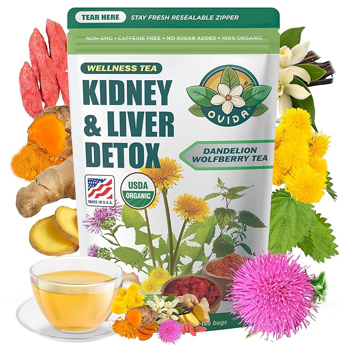 Ovida Dandelion Wolfberry Tea – Natural Kidneys &amp Liver Health Tea Organic Herbal Tea with Milk Thistle Turmeric &amp Goji Berry Seven Herbal Ingredients Natural Blend for Daily Wellness 15 T