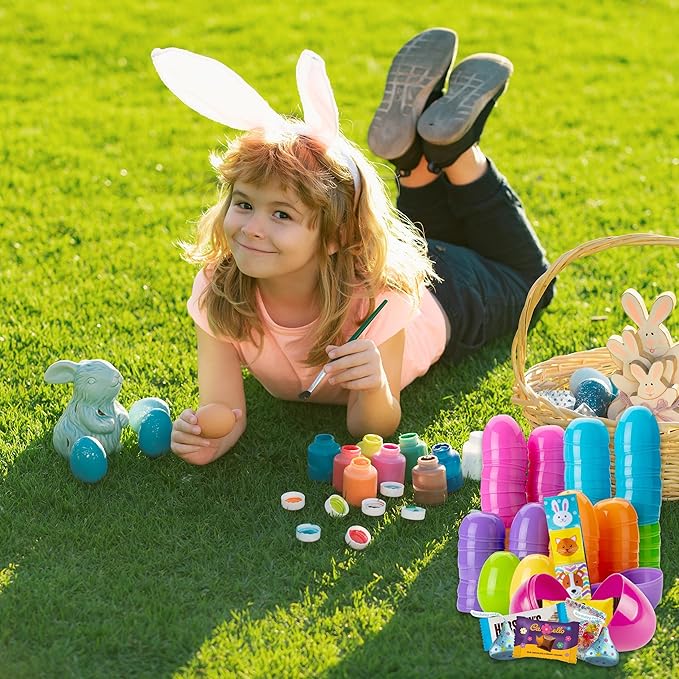 Prefilled Easter Eggs with Candy 50 Count Bulk Assorted Colors Plastic Eggs with Spring Themed Chocolate Candy Mix and Stickers for Egg Hunts Goodie Bags Basket stuffers for Kids Girls and Boys