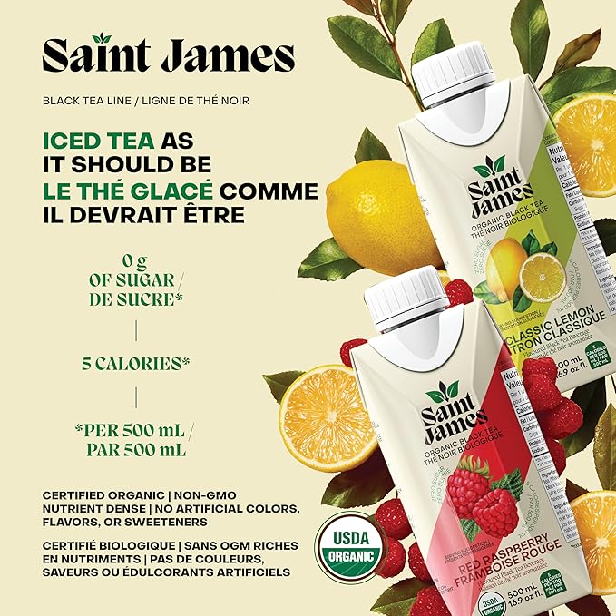 Saint James Organic Black Tea Classic Lemon Zero Sugar Kosher USDA Certified Organic 16.9 Fluid Ounce (Pack of 12)