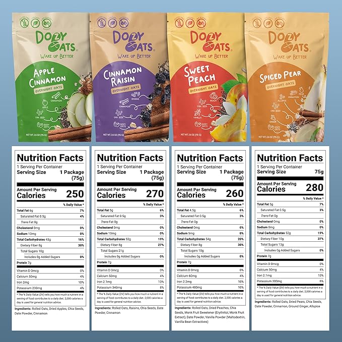 Dozy Oats Overnight Oatmeal Packets Vegan/No Added Sugar Variety Box with Rolled Oats Chia Seeds Date Powder and Dried Fruit. Gluten-Free Natural Source of Protein and Fiber 16-Pack