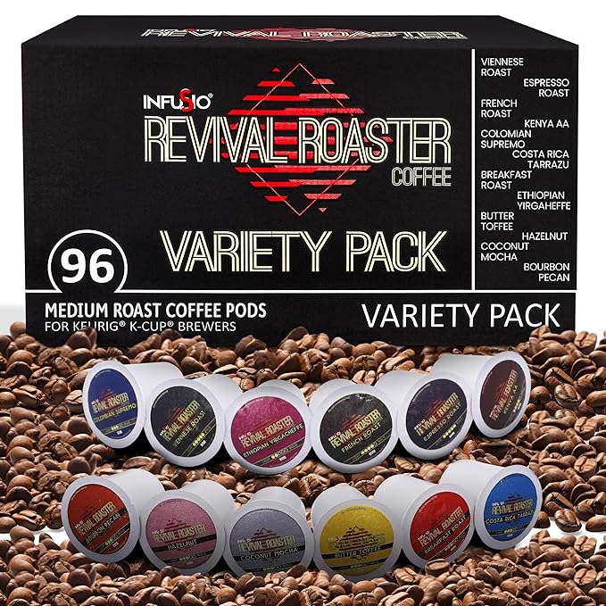 InfuSio Coffee Pods Variety Pack – 96 Count 12 Crafted Medium &amp Dark Roast Blends and Artisan-Inspired Flavors Like Bourbon Pecan &amp Butter Toffee Revival Roaster Collection Compatible with