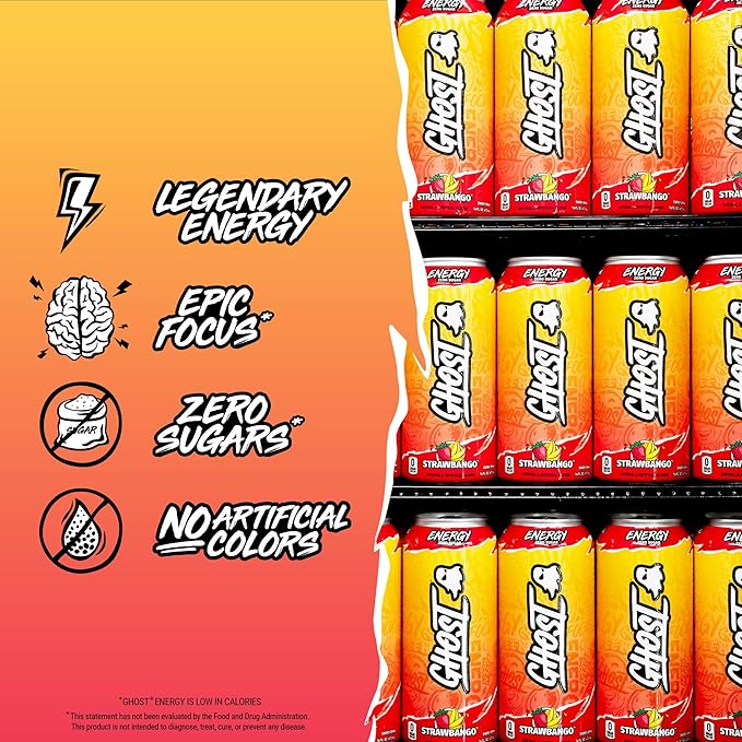 GHOST Energy DrinkStrawbango16oz - Energy &amp Focus &amp No Artificial Colors - 200mg of Natural CaffeineL-Carnitine-&amp Taurine - Gluten-Free-&amp Vegan(Pack of 24)