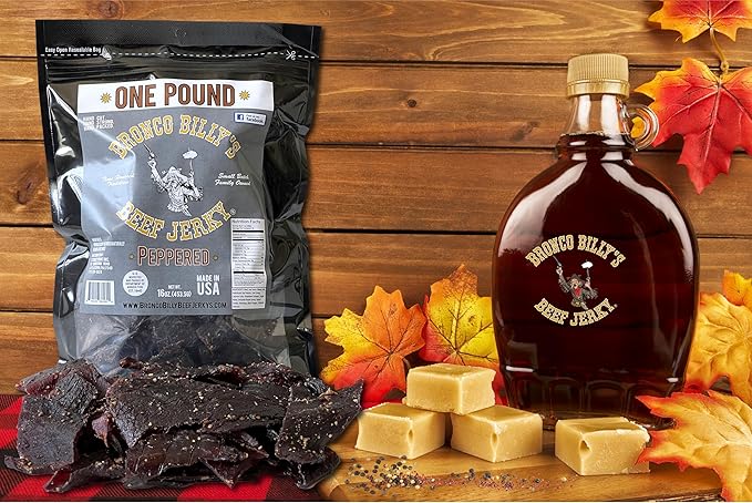 Bronco Billy's Beef Jerky Maple Peppered One Pound Resealable Bag Made in USA with USDA Beef Real Maple Syrup Cracked Black Pepper