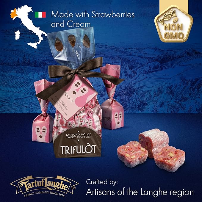 TartufLanghe Trifulot Strawberry &amp Cream White Chocolate Truffles with Almonds - Individually Wrapped Gourmet Italian Truffle Candy Fancy Chocolate Gift Set in a Bag From Italy- 6.34 OZ