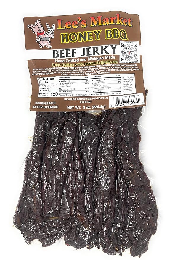Lee's Market Honey BBQ Beef Jerky - Soft &amp Tender - Healthy Low Carb Gluten-Free Snack - Paleo &amp Keto-Friendly - Michigan Made Handcrafted Jerky - Specialty Gourmet Meat Snacks - 8oz