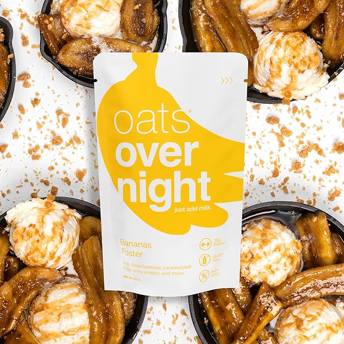 Oats Overnight Bananas Foster - Overnight Oats with 20g Whey Protein High Fiber Breakfast Protein Shake - Gluten Free Oatmeal Non GMO High Protein Oatmeal (2.8 oz per Meal) (8 Pack)