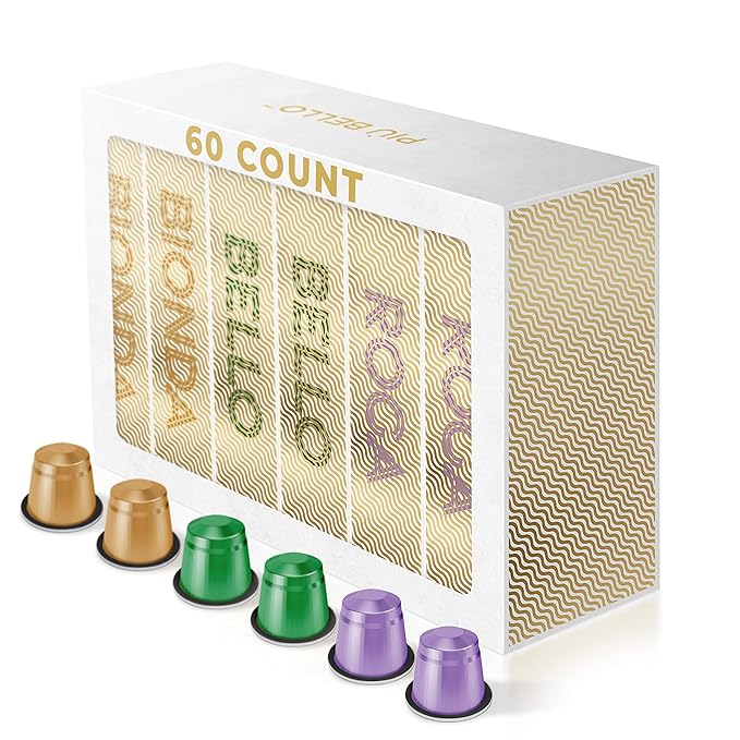 Piu Bello Espresso Coffee Pods for Nespresso Original Machines – Variety Pack – 3 Light Flavors: Chocolate Nuts Sweet Caramel – Rich &amp Balanced Taste Kosher (3-Flavor Multipack 60 Count)