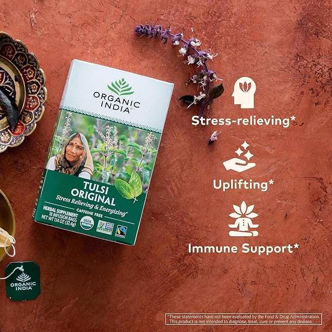ORGANIC INDIA Tulsi Original Herbal Tea - Holy Basil and African Basil Calming and Stress Relief Tea Immune Support USDA Certified Organic Non-GMO Caffeine-Free - 18 Infusion Bags 3 Pack