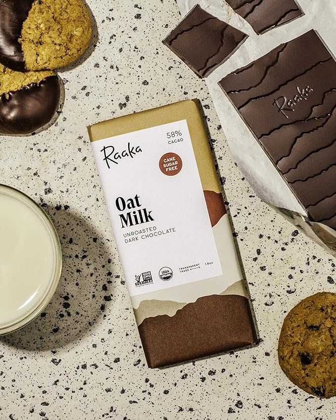 Raaka Chocolate Oat Milk 58% Cacao Cane Sugar Free Dark Chocolate | Gourmet Dark Chocolate Gift | Organic Vegan Fair Trade Soy Free Non GMO Gluten Free Kosher | 1.8oz Bars 12-Pack