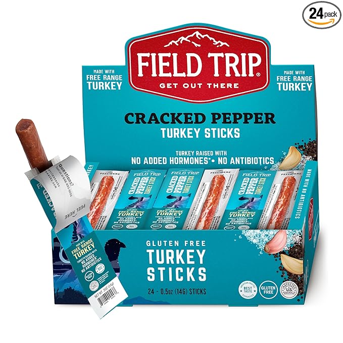 Field Trip Free Range Cracked Pepper Turkey Jerky Sticks Keto Paleo Gluten Free Allergy Friendly Snack High Protein 35 Calorie 0.5oz 24 Pack