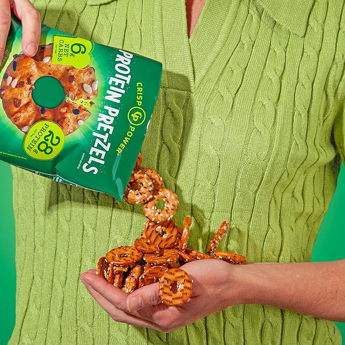 CRISP POWER Protein Pretzels Everything 28G Protein High Protein Snack High Fiber Low Carb Crunchy Pretzel Snacks No Added Sugar 1.75 oz Bags 6 Pack Vegan Keto