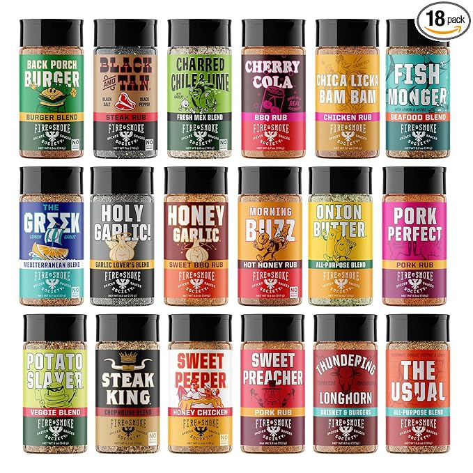 Fire &amp Smoke Society Motherload (18-Pack) Variety | BBQ Rubs and Seasonings Christmas Gifts for Men Grilling Accessories | Steak Seasoning Chicken Burgers Pulled Pork | Large Spices Set