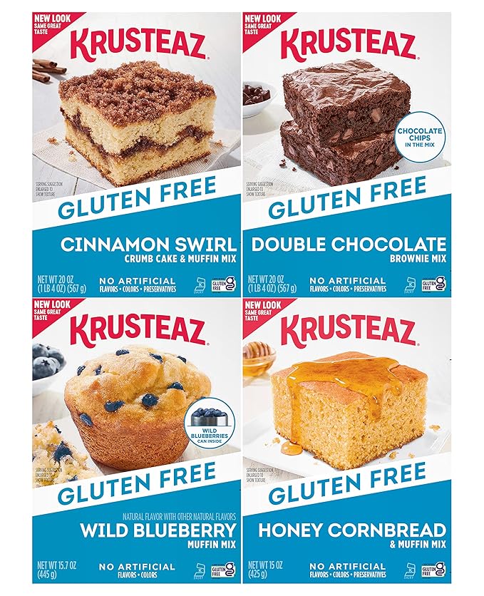 Krusteaz Gluten Free Baking Mix Variety Pack 1 Cinnamon Swirl Cake Mix 1 Double Chocolate Brownie Mix 1 Wild Blueberry Muffin Mix 1 Honey Cornbread Mix (4 CT)