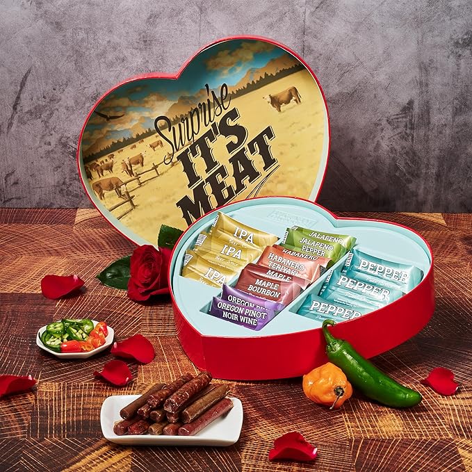 Man Crates Gift for Men – Meat Heart with 14 Beef &amp Pork Sticks – Heart-Shaped Meat Snack Box for Him Boyfriend Husband