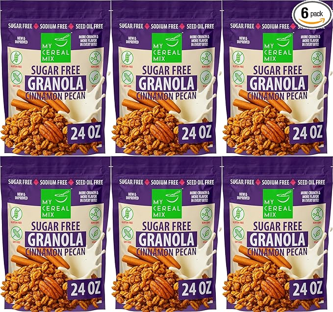 MyCerealMix Sugar Free Granola Cinnamon Pecan 6-Pack Bulk 144oz – Keto High Fiber Diabetic Cereal Plant-Based Gluten Free Snack Monk Fruit No Stevia or Erythritol Bulk Value Healthy Breakfast