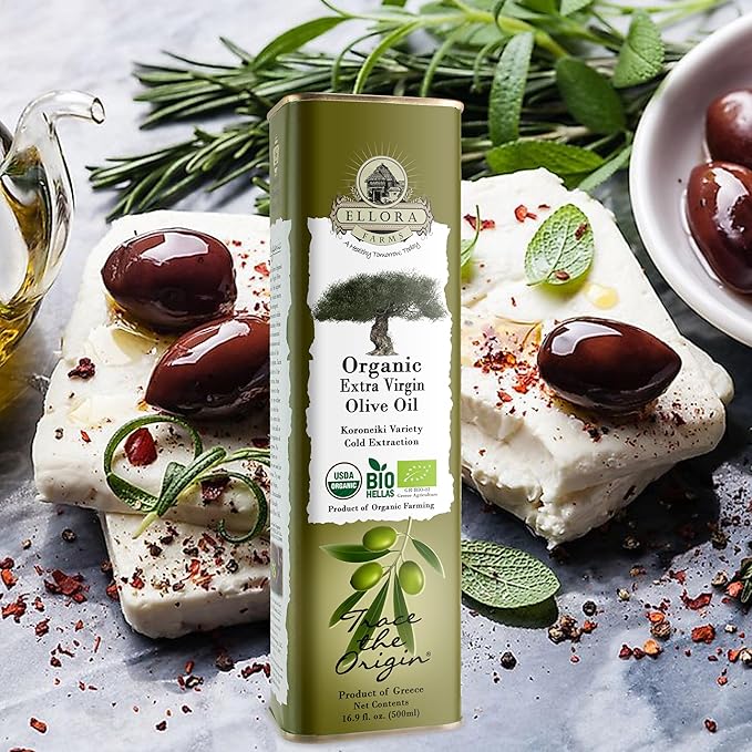 Ellora Farms Extra Virgin Olive Oil Organic Cold Press Traceable Single Origin Olive Oil Kosher 17 oz. tin
