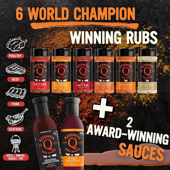 Kosmos Q BBQ Pitmaster Gifts for Men or Dads Includes 8 Flavors of Grill Seasonings BBQ Sauces &amp Meat Rubs Sampler Pack for Chicken Steak Turkey Pork &amp More
