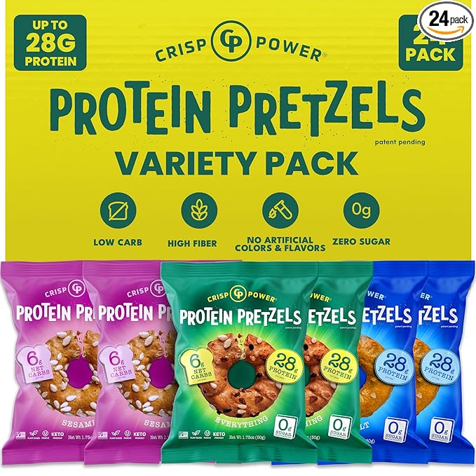 CRISP POWER Protein Pretzels Variety Pack With Sea Salt Sesame &amp Everything Up To 28G Protein High Protein Snack High Fiber Low Carb Crunchy Pretzel Snacks No Added Sugar 1.75 oz Bags 24