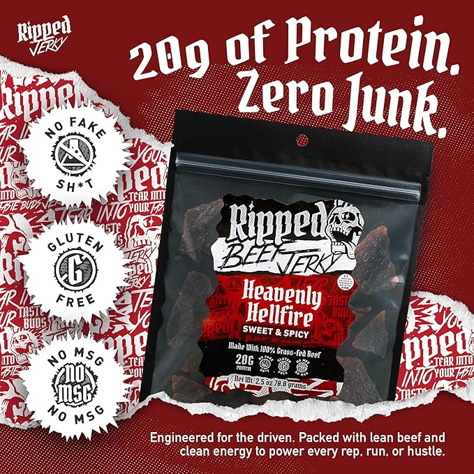 Ripped Beef Jerky - 100% Grass Fed Beef 20g Protein Real Ingredients Gluten Free No MSG Made in USA (Pack of 3 Sweet &amp Spicy)