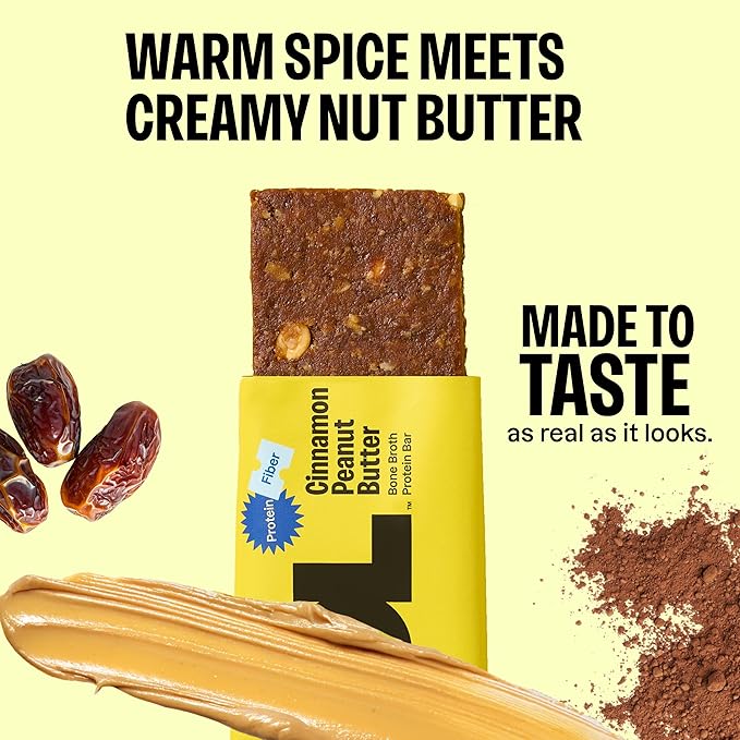 HOL Bone Broth Protein Bars - Cinnamon Peanut Butter - 20g Whole-Food Protein - Natural Energy Snack Made with Real Ingredients - Gluten-Free No Artificial Additives - Great On-the-Go Fuel - 12 Pack