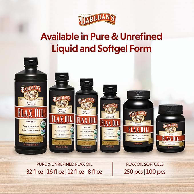 Barlean's Organic Flaxseed Oil Liquid from Fresh Cold Pressed Flax Seeds 7640mg ALA Omega 3 Fatty Acid Supplement for Healthy Hair and Skin Vegan and Gluten Free 16 oz