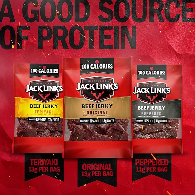 Jack Link's Beef Jerky Variety Pack – Includes Original Teriyaki and Peppered Jerky Bulk Protein Snack Pack Good Source of Protein Meat Snacks Made with 100% Beef – 1.25 Oz (Pack of 15)