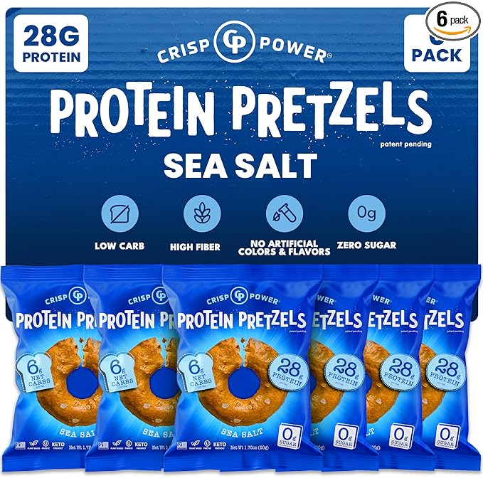 CRISP POWER Protein Pretzels Sea Salt 28G Protein High Protein Snack High Fiber Low Carb Crunchy Pretzel Snacks No Added Sugar 1.75 oz Bags 6 Pack Vegan Keto