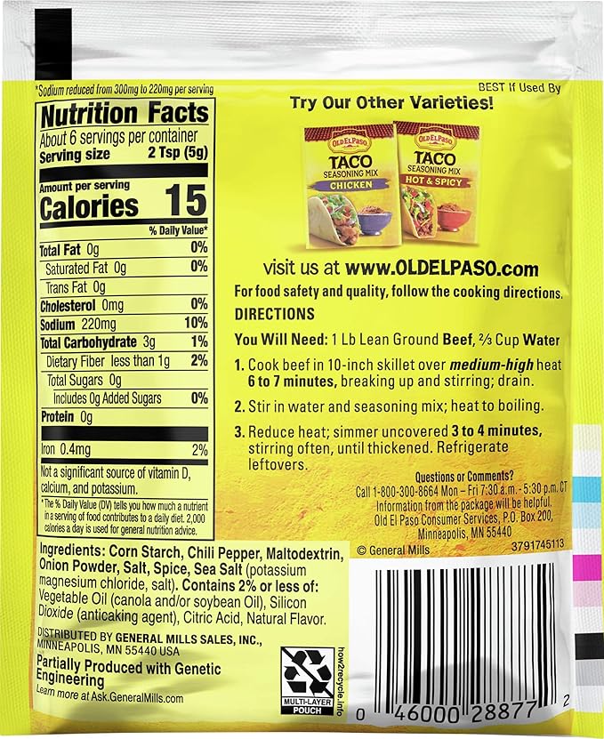 Old El Paso Taco Seasoning Mix 25% Less Sodium Gluten Free 1 oz (Pack of 32)