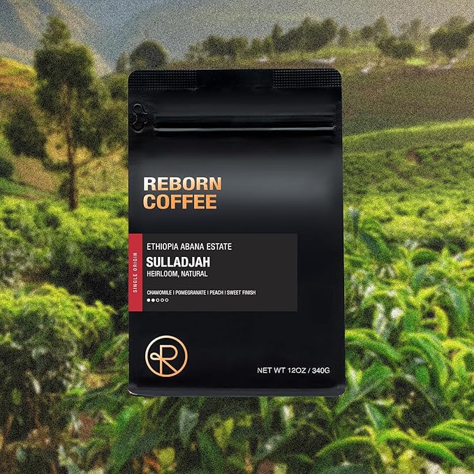 Reborn Coffee Specialty Whole Bean Coffee Medium Roast 12 Ounce Ethiopia Abana Estate Sulladjah Flavor Notes of Chamomile Pomegranate Peach and Sweet Finish
