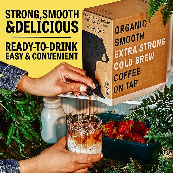 Wandering Bear Straight Black Organic Cold Brew Coffee On Tap Iced Coffee Drink - Extra Strong Bold Smooth No Sugar Added Shelf-Stable Ready to Drink &amp Vegan 100% Organic - 128 fl oz (1 gal