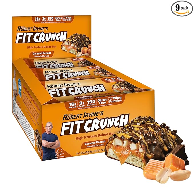 FITCRUNCH Snack Size Protein Bars 6-Layer Baked Bar 3g of Sugar Gluten Free &amp Soft Cake Core (9 Bars Caramel Peanut)