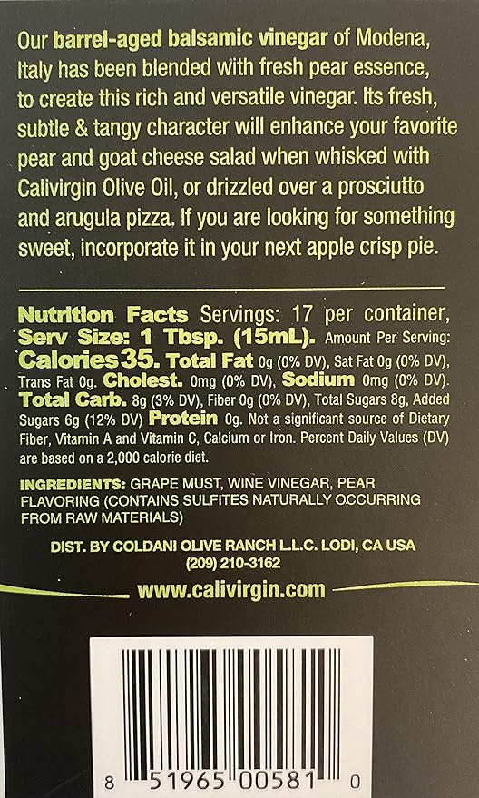 Calivirgin Balsamic Vinegar - Pear Flavored Traditional Balsamic Vinegar - Thick Velvety Authentic Italian Balsamic Vinegar - Gourmet Vinegar - Barrel Aged Balsamic Vinegar Bottle - 250ml