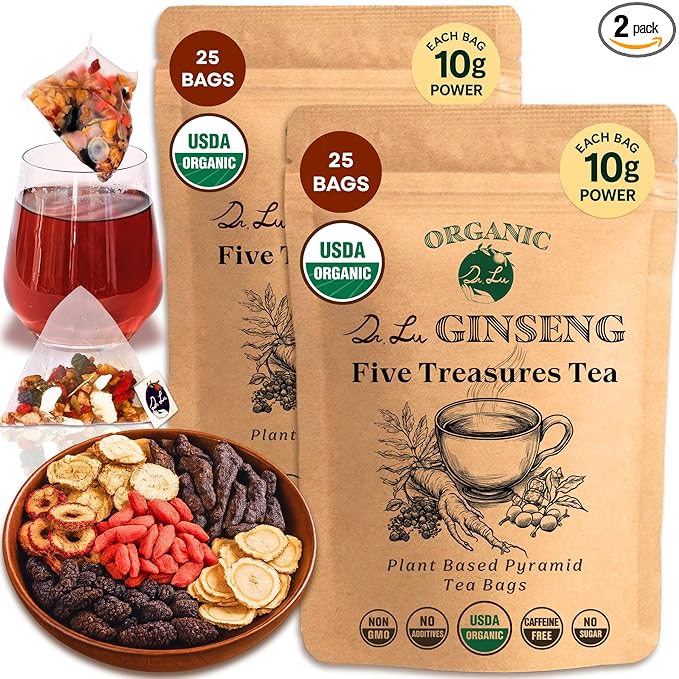 2 Pack of Dr. Lu’s Organic Ginseng Five Treasures Tea Kidney Tea | Ginseng Six Treasures tea for Kidney Cleanse Detox &amp Repair with Maca Root in Corn Fiber Pyramid Bags (No Plastic/Nylon) | Made i