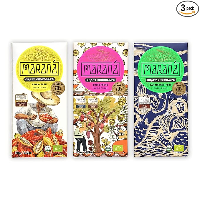 Maraná Chocolate 70% Cacao Variety Dark Chocolate 3 Pack - Peruvian Chocolate - Premium Bean-to-Bar Direct Sourced Made at Origin Single Origin Woman Owned BIPOC Owned Organic Award Winning -