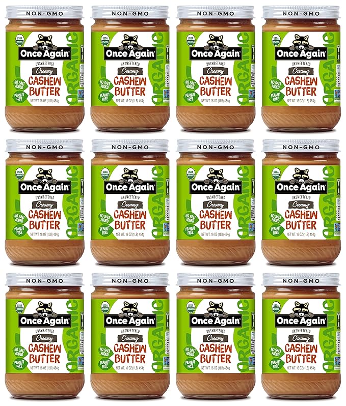 Once Again Organic Creamy Cashew Butter 16oz - Unsweetened - USDA Organic Gluten free Certified Vegan Kosher Peanut Free - Glass Jar - 12 Pack