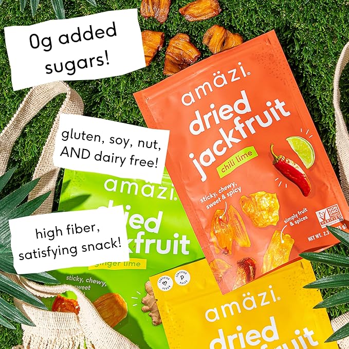 Amäzi Foods | Ginger Turmeric Dried Jackfruit (6 2.3oz Packs) | All Natural Snacks | Gluten Free Healthy Dried Fruit Snacks