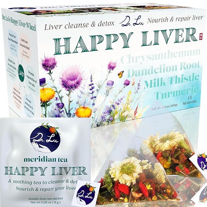 Dr. Lu’s Happy Liver Tea | 100% Natural Liver Cleanse Detox &amp Repair Tea Made in US | 11-Flavor Milk Thistle Turmeric Chrysanthemum Licorice Root Dandelion Root tea Blend for Liver Support