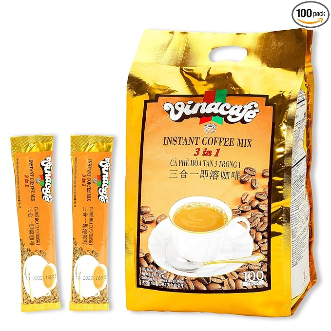 Vinacafe Vietnamese Instant Coffee 100 Sticks 3 in 1 Milk Coffee Blend Smooth Medium Roast Instant Mix for Fast Brewing at Office or Travel