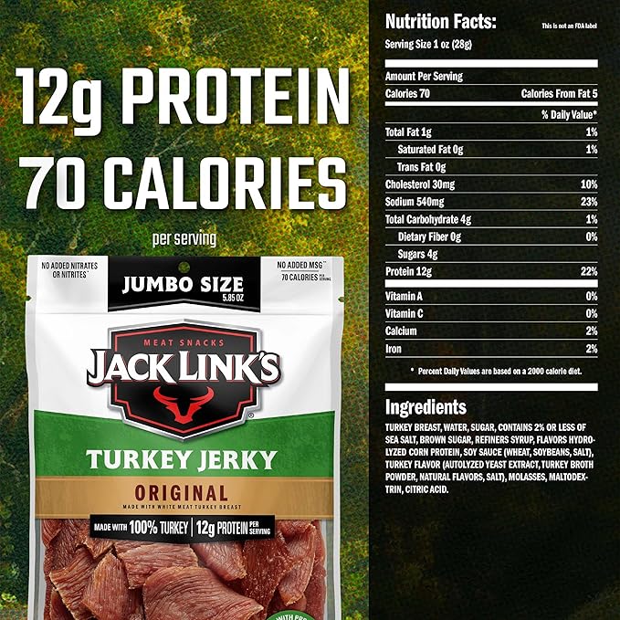 Jack Link's Turkey Jerky Original 5.85 oz. Sharing Size Bag – Flavorful Meat Snack with 12g of Protein 80 Calories Made with 100% Turkey - 96% Fat Free No Added MSG or Nitrates/Nitrites