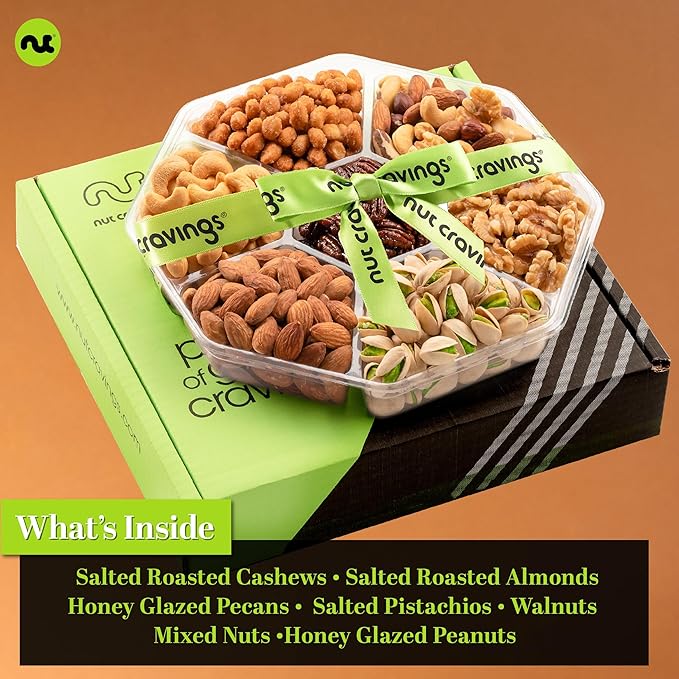 NUT CRAVINGS - Easter Mixed Nuts Gift Basket + Green Ribbon (7 Assortments 2.2 LB) Ramadan Gifts Saint Patrick's Day Treats for Adults Food Arrangement Healthy Snack Care Package Kosher
