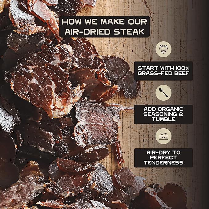 Lineage Provisions 100% Grass Fed Air-Dried Steak - Nutrient-Dense Carnivore Snacks - Tender Beef Jerky Bites - Keto-Friendly Steak Jerky - Zero Sugar Zero Carbs - High Protein Snack - 3-Pack