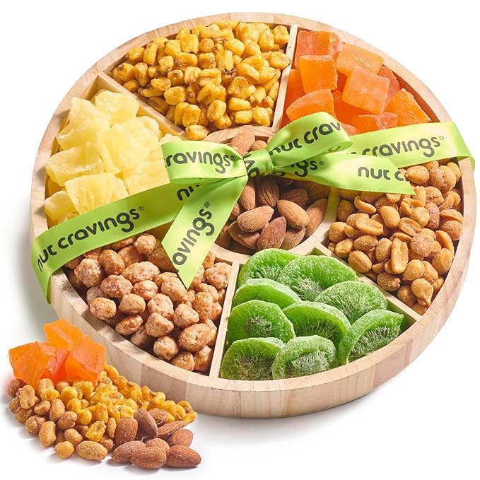 NUT CRAVINGS - Easter Dried Fruit &amp Mixed Nuts Gift Basket in Reusable Round Wooden Tray + Ribbon (7 Assortments) Ramadan Gifts Saint Patricks Day Food Arrangement Healthy Snack Care Package Ko