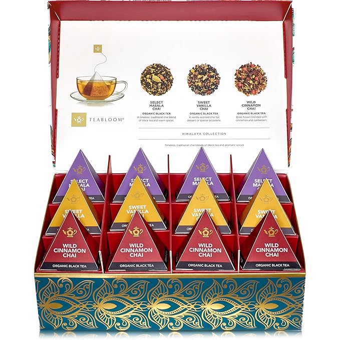 Teabloom Himalaya Chai Gift Set – Organic Chai Tea Sampler with 12 Plant-Based Pyramid Sachets Elegant Presentation Box for Tea Lovers