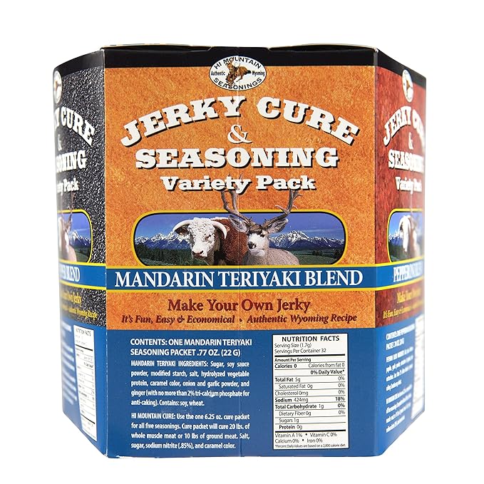 Hi Mountain Jerky Seasoning and Cure Kit | VARIETY PACK #2 | 5 Delicous Flavors: Mandarin Teriyaki Pepperoni Sweet &amp Spicy Inferno Pepper | Make Beef Jerky at Home | Beef Deer Elk &amp Veni